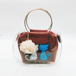 Cat Print Pom-Pom Fur Ball Transparent Shoulder Sling Bag