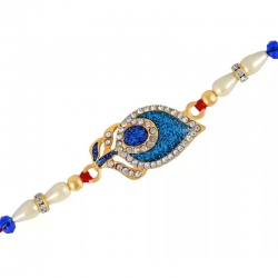 Royal Blue Peacock Feather Crystal Pearl Rakhi 