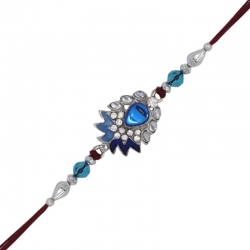 Crystal Rhodium Plated Blue Floral Feather Rakhi