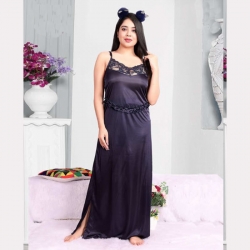 Lace Design Satin V Neck Plain Nighty 