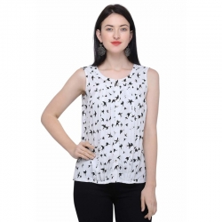 Littledesire Crepe Printed Sleeveless White Top