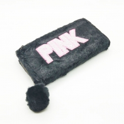 Faux Fur Zipper Puff Ball Clutch Wallet