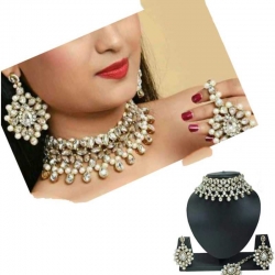 White kundan Look Stone Studded Jewellery Necklace Set
