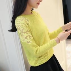Hollow-Out Knitted Lace Sleeves Beading Collar Korean Top