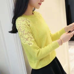 Hollow-Out Pullover Knitted Sleeves Lace Beading Collar Sweater Top