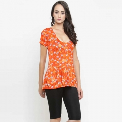 Women Frock Style Orange & Black Top With Shorts Swimsuit