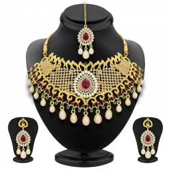 Fancy Gold Plated Austrian Diamond Pearl Necklace Set 