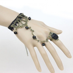 Black Lace Flower Vine Beads Bracelet With Rose Ring 