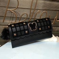 Sequins Zipper Puff Ball PU Leather Clutch Wallet