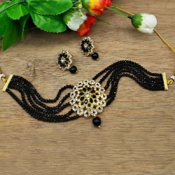 Stylish White & Black Stone Moti Choker Necklace Set