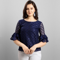 Women Bell Sleeve Round Neck High Quality Lace Top