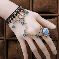 Black Lace Flower Vine Beads Bracelet With Rose Ring 