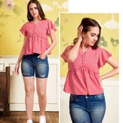 V- Neck Print Crop Pink Top