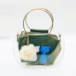 Cat Print Pom-Pom Fur Ball Transparent Shoulder Sling Bag