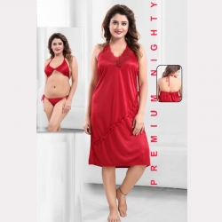 Soft Silky Satin Nighty 3 Pcs Set