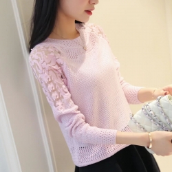 Hollow-Out Pullover Knitted Sleeves Lace Beading Collar Sweater Top