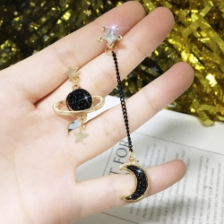 925 Silver Asymmetrical Stars Moon Black Planet Korean Earrings