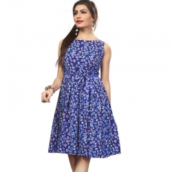 Littledesire Boat Neck Floral Print Blue Crepe Dress