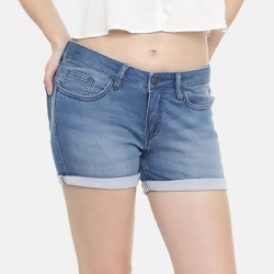 Mid-Rise Blue Denim Frayed Hems Shorts