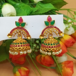 Red & Green Stone Pearls Jhumka Earrings