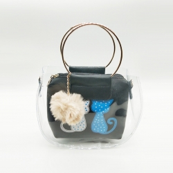 Cat Print Pom-Pom Fur Ball Transparent Shoulder Sling Bag