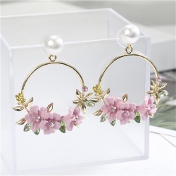  Littledesire Red Flower Circle Dangle Korean Earrings