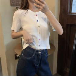 O-Neck Front Button Short Sleeve European Style knitted  Korean Crop Top