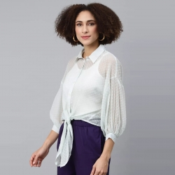 Green Bishop Sleeves Chiffon Boxy Top