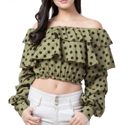 Polka-Dot Print Off Shoulder Ruffle Crop Top