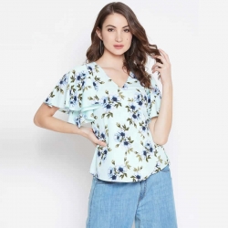 Floral Print Wrap Flared Sleeve Stylish Shrug Top