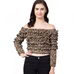 Leopard Print Off Shoulder Ruffle Crop Top