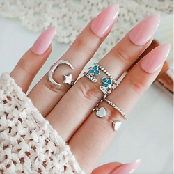 5 Pcs/ Set Fashion Star Moon Heart Flower Silver Rings