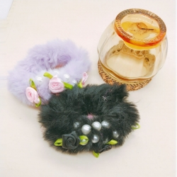 Pearl Fluffy Faux Fur Floral Rubber Bands Pack of 2