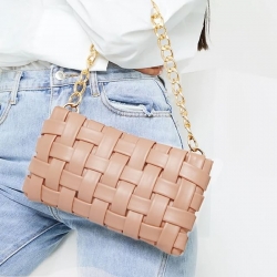 Elegant Chain Shoulder PU Leather Crossbody Woven Tote Bag 