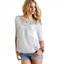 Lace O-Neck Chiffon Long Sleeve Loose Casual Top