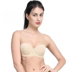 Beige Solid Transparent Straps Lightly Padded Push-Up Bra