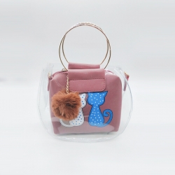 Cat Print Pom-Pom Fur Ball Transparent Shoulder Sling Bag