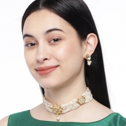 White Moti Choker Gold Plated Necklace Earrings