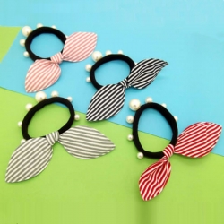 Striped Ruffle Pearl Rubber Band Hair Pack of 4