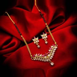 American Diamond Pink & White Stone Studded Mangalsutra Earrings Set