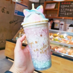 Double Layers Unicorn Ice Cup Straw Water Bottle & Milk Coffee Tea Cup