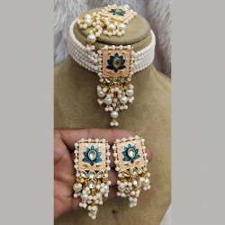 White & Green Moti Statement Pearl kundan Choker Necklace Set