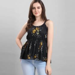 Black Floral Printed Crepe Round Neck Top