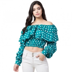 Polka-Dot Print Off Shoulder Ruffle Crop Top