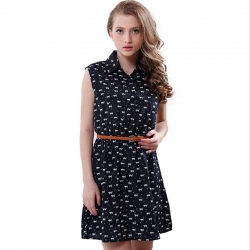 Cat Footprints Pattern Casual Dress With Belt