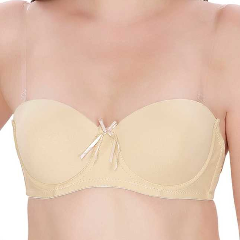 Beige Solid Transparent Straps Lightly Padded Push-Up Bra