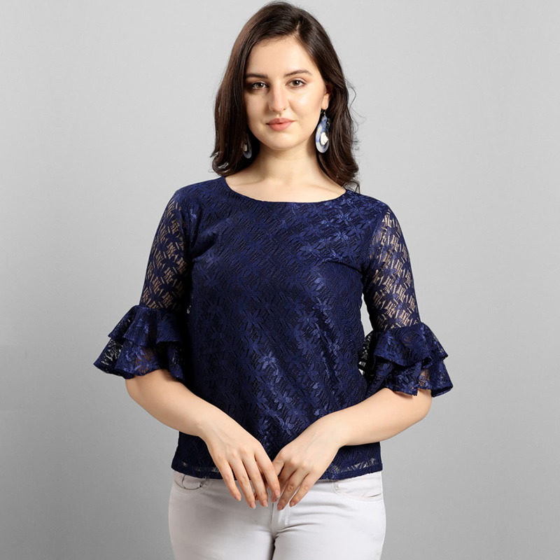 Women Bell Sleeve Round Neck High Quality Lace Top, Western Wear, Tops ...