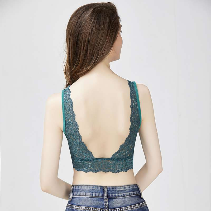 Lapirek Floral Lace Bralette Padded Wire Backless Bra Deep V Neck