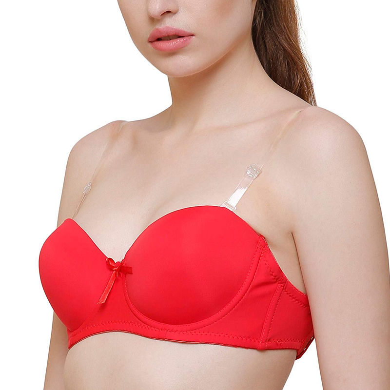 Red Solid Transparent Straps Lightly Padded Push-Up Bra