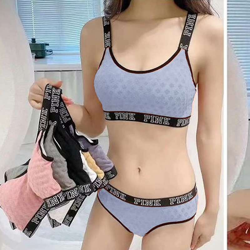 Letter Printed Bra Panty Set With Removable Bra Pads
